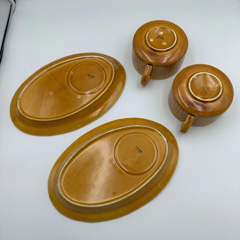 Vintage SECLA Portugal Snack Plate and Cup Set Golden Brown Ceramic Set of 2‎